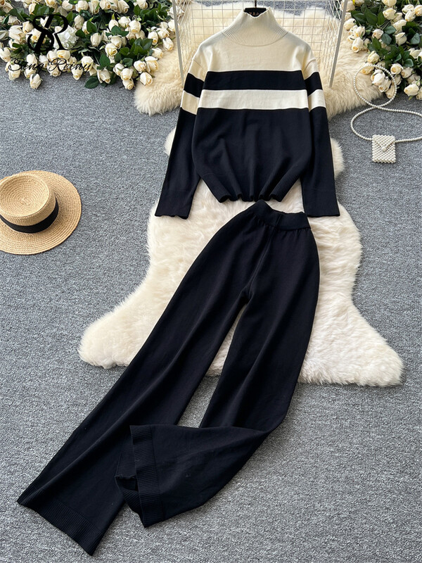 SINGREINY vintage modes džemperu kostīmi sieviešu bruņurupuču apkakli, svītru augšdaļa + platas kājas garas bikses 2024 ziemas ikdienas trikotāža, 2gab komplekti