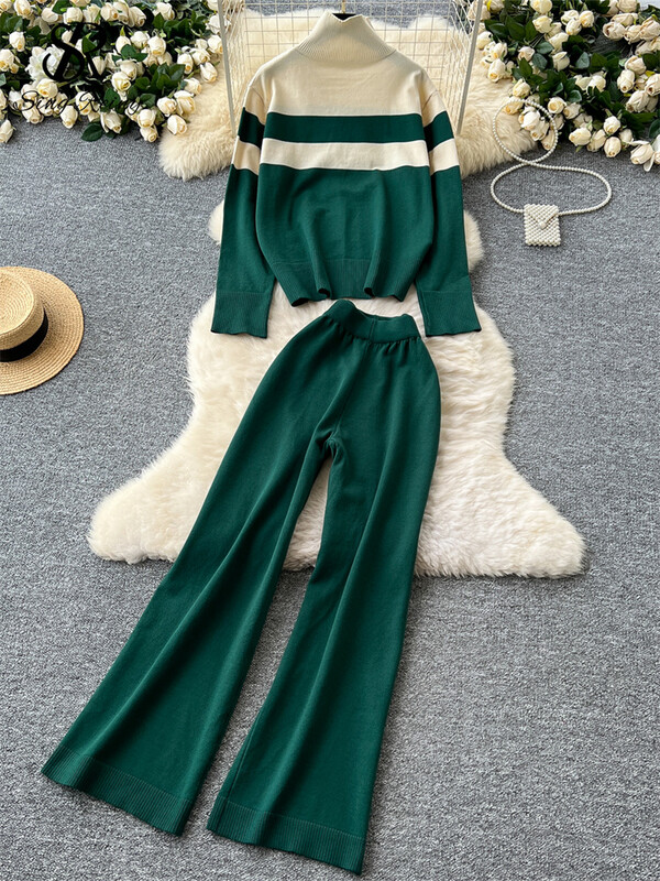 SINGREINY vintage modes džemperu kostīmi sieviešu bruņurupuču apkakli, svītru augšdaļa + platas kājas garas bikses 2024 ziemas ikdienas trikotāža, 2gab komplekti