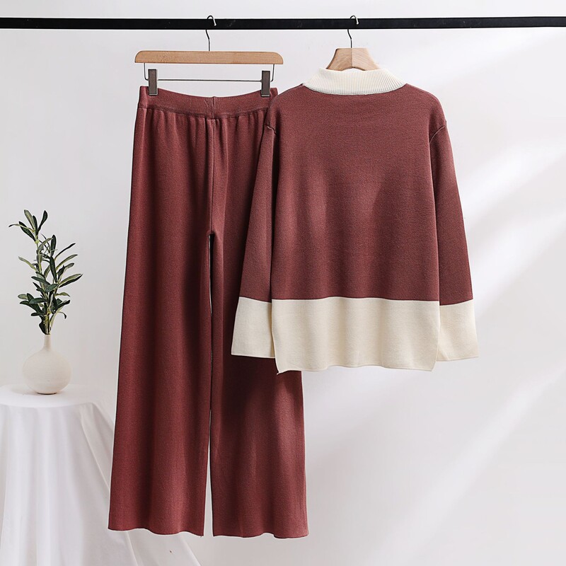 Naiste kaheosalised püksikomplektid, kootud laia säärega püksid, täisvarrukatega ümmarguse kaelusega kampsunid, lahtised lapilised vabaaja ülikonnad daamile, kergelt veniv