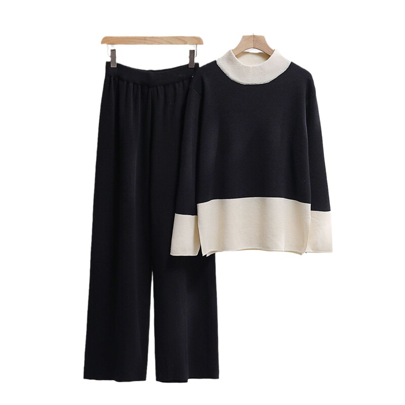 Naiste kaheosalised püksikomplektid, kootud laia säärega püksid, täisvarrukatega ümmarguse kaelusega kampsunid, lahtised lapilised vabaaja ülikonnad daamile, kergelt veniv