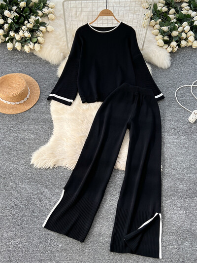 SINGREINY vabaajamoe kudumisülikonnad naistele, kaelus, täisvarrukatega pullover+kõrge vöökoht lõhestatud disain pikad püksid sügis 2tk komplektid