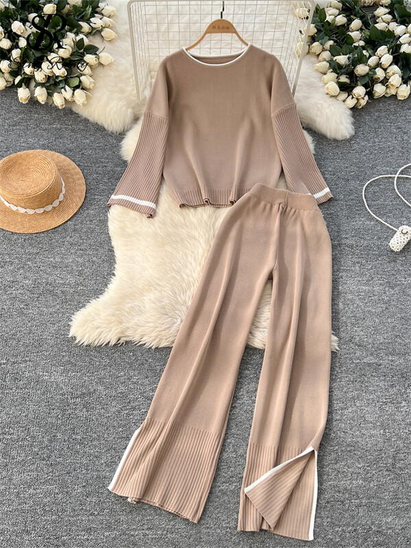 SINGREINY vabaajamoe kudumisülikonnad naistele, kaelus, täisvarrukatega pullover+kõrge vöökoht lõhestatud disain pikad püksid sügis 2tk komplektid