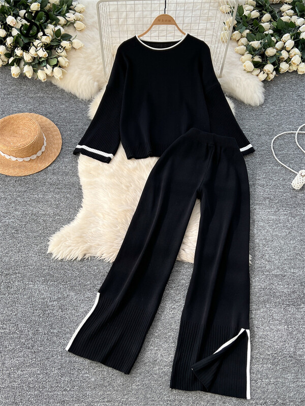 SINGREINY vabaajamoe kudumisülikonnad naistele, kaelus, täisvarrukatega pullover+kõrge vöökoht lõhestatud disain pikad püksid sügis 2tk komplektid