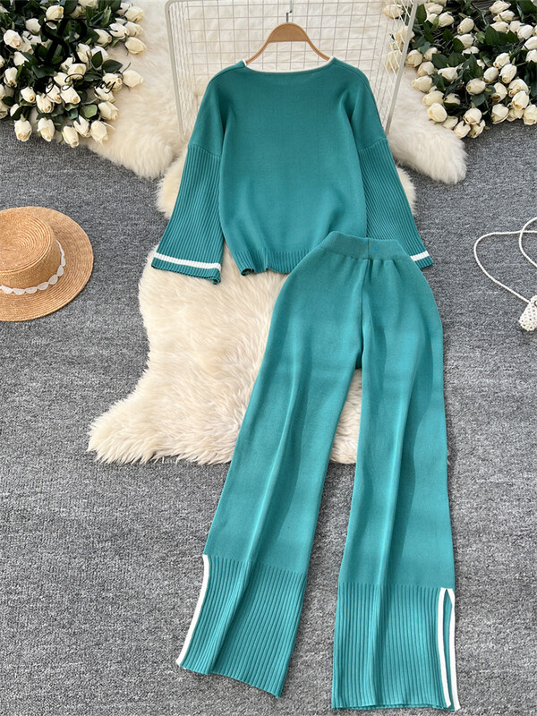 SINGREINY vabaajamoe kudumisülikonnad naistele, kaelus, täisvarrukatega pullover+kõrge vöökoht lõhestatud disain pikad püksid sügis 2tk komplektid