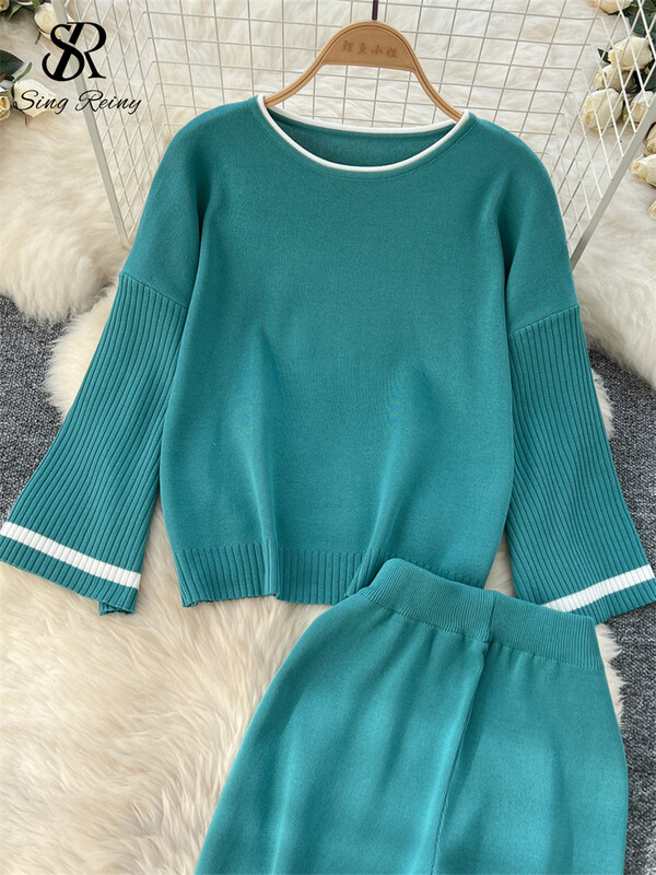 SINGREINY vabaajamoe kudumisülikonnad naistele, kaelus, täisvarrukatega pullover+kõrge vöökoht lõhestatud disain pikad püksid sügis 2tk komplektid