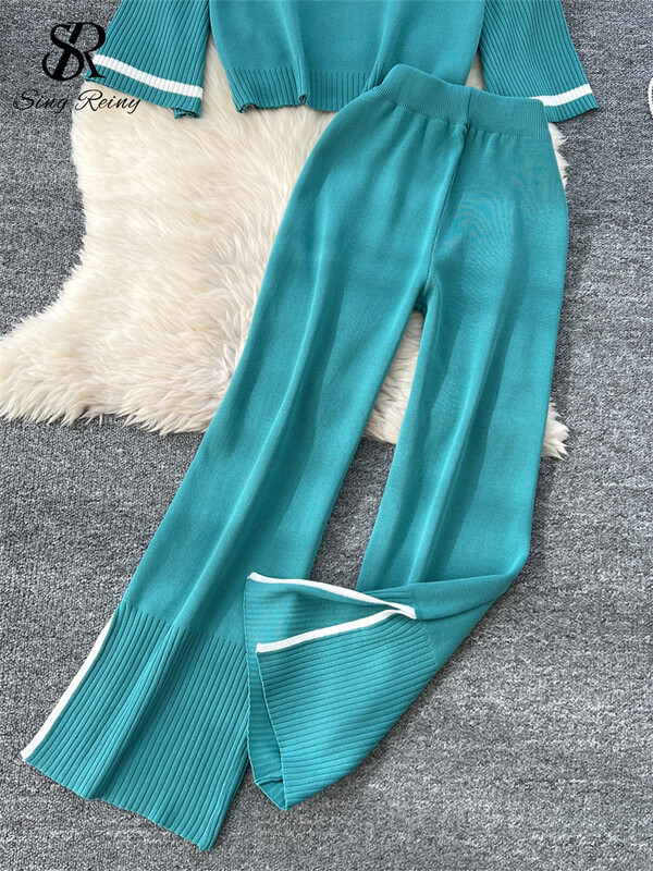 SINGREINY vabaajamoe kudumisülikonnad naistele, kaelus, täisvarrukatega pullover+kõrge vöökoht lõhestatud disain pikad püksid sügis 2tk komplektid