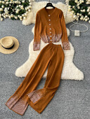 SINGREINY Autumn Chic Casual, 2gab. Komplekti ar vienrindu, brīvu jaciņu+augstu vidukli, platas kājas, garas bikses, dimanti, modes kostīmi