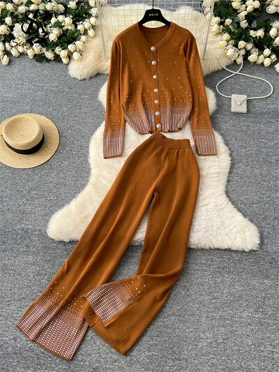 SINGREINY Autumn Chic Casual, 2gab. Komplekti ar vienrindu, brīvu jaciņu+augstu vidukli, platas kājas, garas bikses, dimanti, modes kostīmi