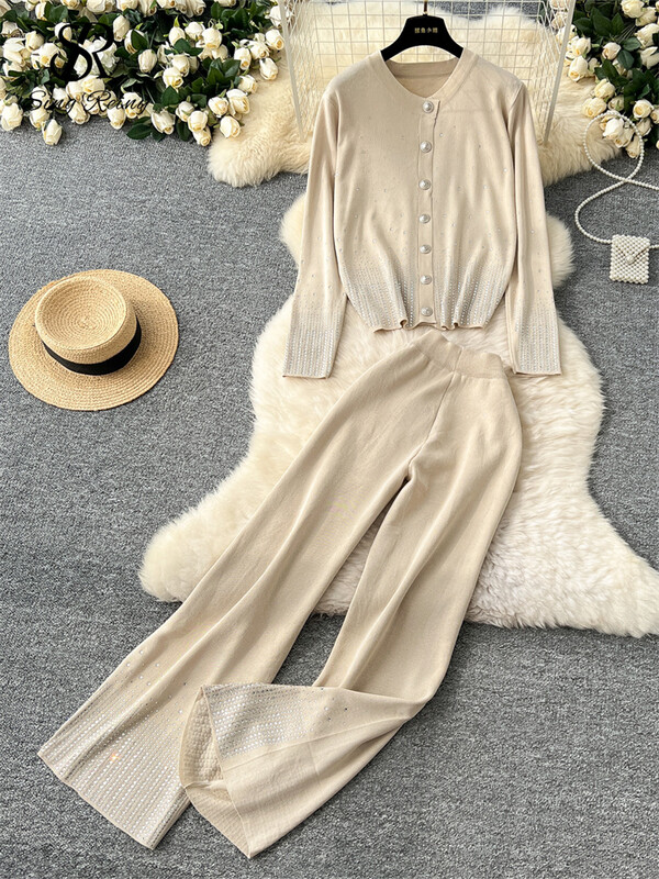 SINGREINY Autumn Chic Casual, 2gab. Komplekti ar vienrindu, brīvu jaciņu+augstu vidukli, platas kājas, garas bikses, dimanti, modes kostīmi