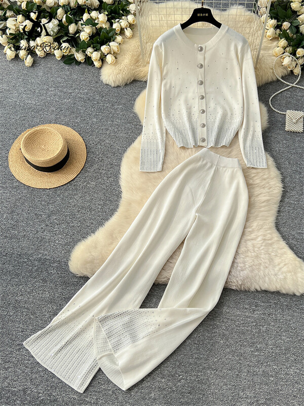 SINGREINY Autumn Chic Casual, 2gab. Komplekti ar vienrindu, brīvu jaciņu+augstu vidukli, platas kājas, garas bikses, dimanti, modes kostīmi