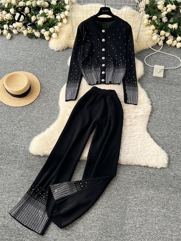 SINGREINY Autumn Chic Casual, 2gab. Komplekti ar vienrindu, brīvu jaciņu+augstu vidukli, platas kājas, garas bikses, dimanti, modes kostīmi