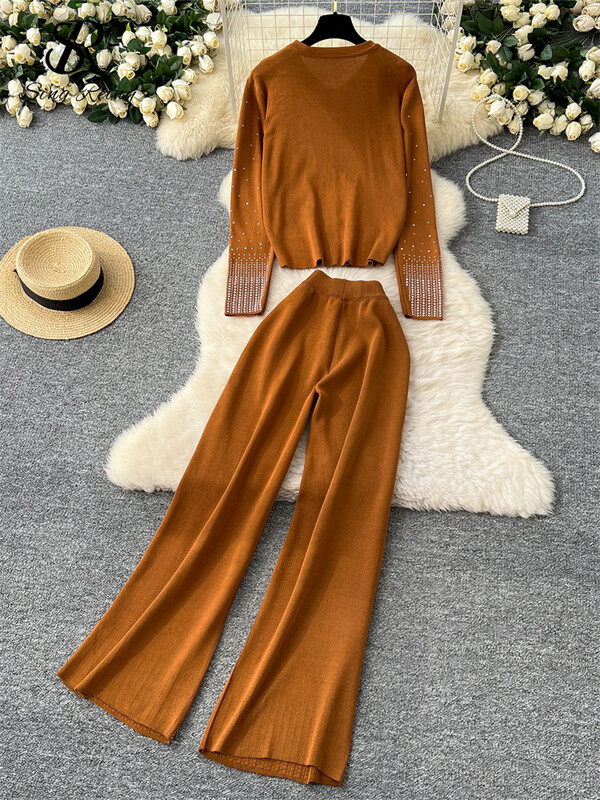 SINGREINY Autumn Chic Casual, 2gab. Komplekti ar vienrindu, brīvu jaciņu+augstu vidukli, platas kājas, garas bikses, dimanti, modes kostīmi