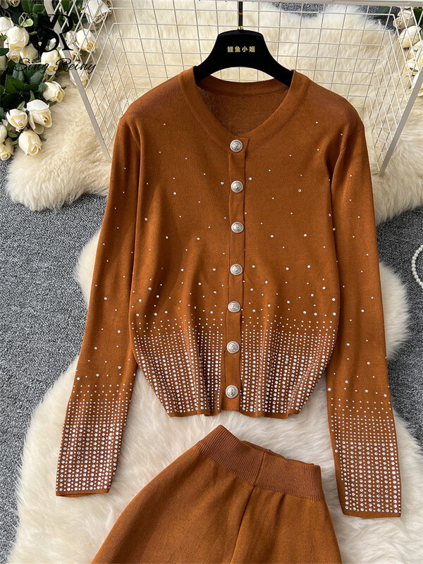 SINGREINY Autumn Chic Casual, 2gab. Komplekti ar vienrindu, brīvu jaciņu+augstu vidukli, platas kājas, garas bikses, dimanti, modes kostīmi