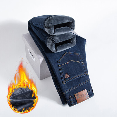 HIQORi talvefliisist paksud teksad Meeste äri vabaaja sirged püksid meestele klassikalised sinised mustad teksad meestele töö teksapüksid meeste püksid