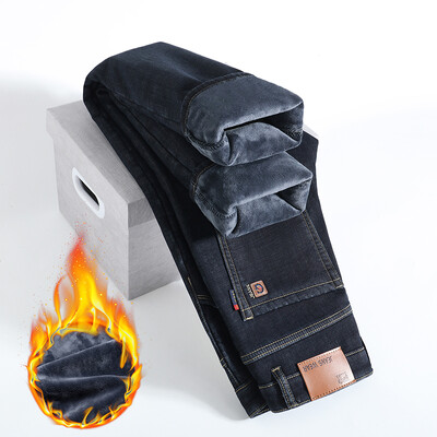 HIQORi talvefliisist paksud teksad Meeste äri vabaaja sirged püksid meestele klassikalised sinised mustad teksad meestele töö teksapüksid meeste püksid