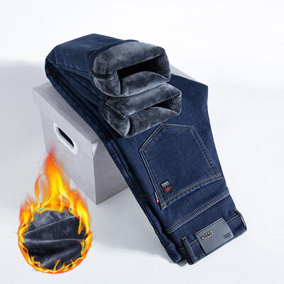 HIQORi talvefliisist paksud teksad Meeste äri vabaaja sirged püksid meestele klassikalised sinised mustad teksad meestele töö teksapüksid meeste püksid