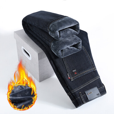 HIQORi talvefliisist paksud teksad Meeste äri vabaaja sirged püksid meestele klassikalised sinised mustad teksad meestele töö teksapüksid meeste püksid