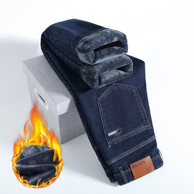 HIQORi talvefliisist paksud teksad Meeste äri vabaaja sirged püksid meestele klassikalised sinised mustad teksad meestele töö teksapüksid meeste püksid