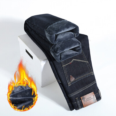 HIQORi talvefliisist paksud teksad Meeste äri vabaaja sirged püksid meestele klassikalised sinised mustad teksad meestele töö teksapüksid meeste püksid