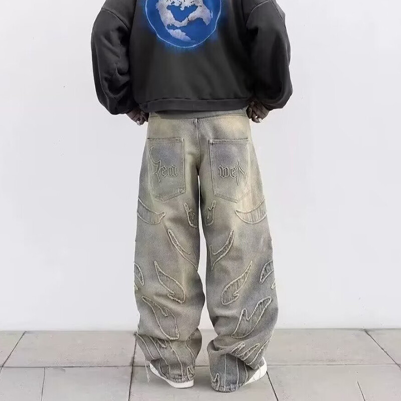 Нови мъжки широки модни дънки Harajuku Мъжки ретро естетични улични дънкови панталони с графични бродирани широки дънкови панталони