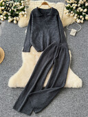 SINGREINY Есенни ежедневни дебели костюми Дамски свободни пуловери с дълъг ръкав с ревер + Висока талия Основни панталони с широки крачоли Пуловер 2 бр. Комплекти