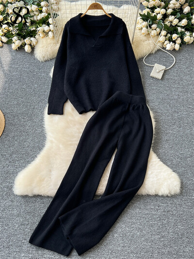 SINGREINY Есенни ежедневни дебели костюми Дамски свободни пуловери с дълъг ръкав с ревер + Висока талия Основни панталони с широки крачоли Пуловер 2 бр. Комплекти