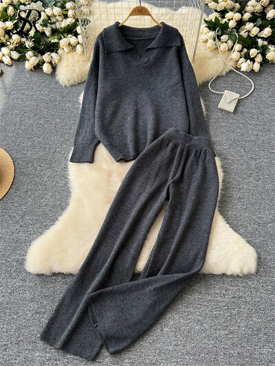 SINGREINY Есенни ежедневни дебели костюми Дамски свободни пуловери с дълъг ръкав с ревер + Висока талия Основни панталони с широки крачоли Пуловер 2 бр. Комплекти