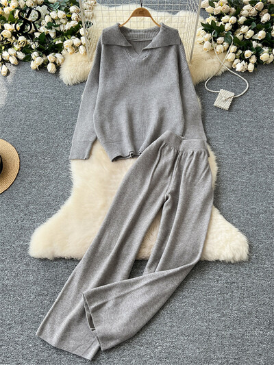 SINGREINY Есенни ежедневни дебели костюми Дамски свободни пуловери с дълъг ръкав с ревер + Висока талия Основни панталони с широки крачоли Пуловер 2 бр. Комплекти