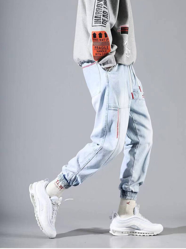 S-5XL Baggy džinsu bikses vīriešiem Rudens/ziemas Modernas brīvas kravas džinsi Ikdienas korejiešu slaidām kājām vīriešu hip-hop kapri bikses zilas