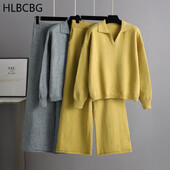 Плетени комплекти с кашмирено деколте Дамски зимни ежедневни пуловер от две части и панталони Свободни екипи Анцузи Пуловери