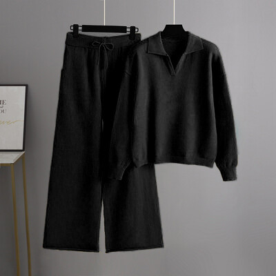 Плетени комплекти с кашмирено деколте Дамски зимни ежедневни пуловер от две части и панталони Свободни екипи Анцузи Пуловери