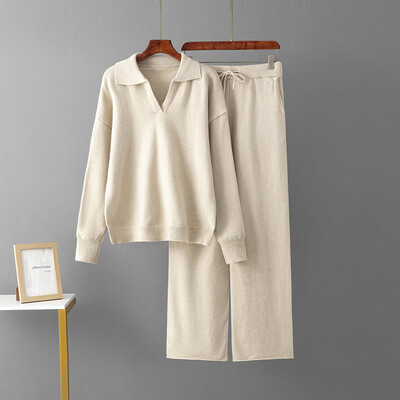 Плетени комплекти с кашмирено деколте Дамски зимни ежедневни пуловер от две части и панталони Свободни екипи Анцузи Пуловери