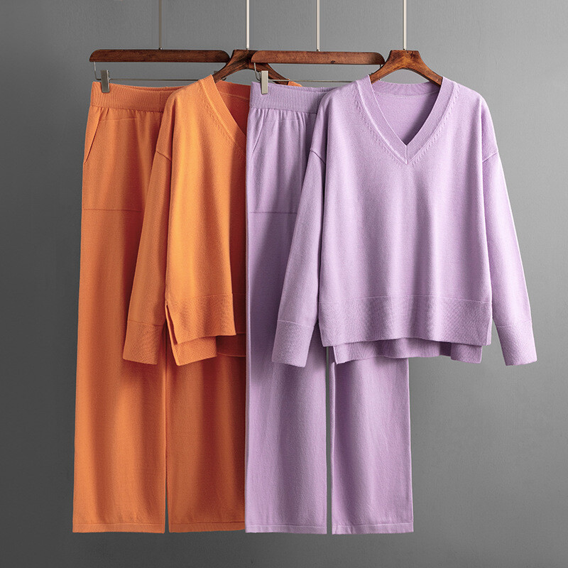 Sieviešu brīvi trikotāžas komplekti, džemperis ar V veida kakla izgriezumu + elastīgs džemperis ar augstu vidukli