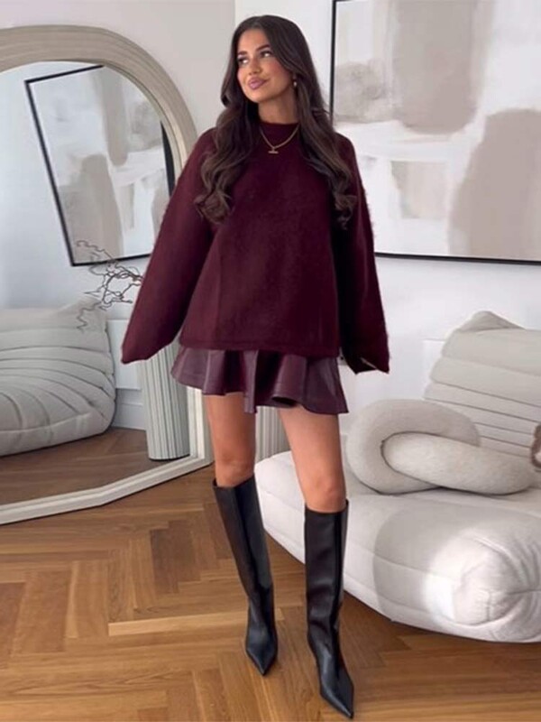 Naiste kampsun, kootud O kaelus, paksude pikkade varrukatega Pollover kampsunid 2024. aasta sügistalv vabamood kohev, reisil sõitev daam