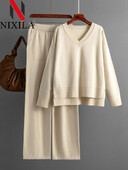 Uus talvine sügiskampsun 2-osalised komplektid Naiste varustus, soe V-kaelusega pullover, sirge sörkimispükste kostüümid, naiste vabaaja dressid