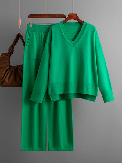 Uus talvine sügiskampsun 2-osalised komplektid Naiste varustus, soe V-kaelusega pullover, sirge sörkimispükste kostüümid, naiste vabaaja dressid