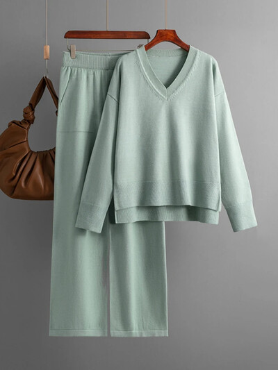 Uus talvine sügiskampsun 2-osalised komplektid Naiste varustus, soe V-kaelusega pullover, sirge sörkimispükste kostüümid, naiste vabaaja dressid