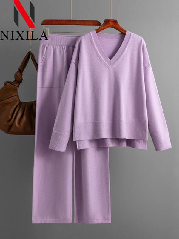 Uus talvine sügiskampsun 2-osalised komplektid Naiste varustus, soe V-kaelusega pullover, sirge sörkimispükste kostüümid, naiste vabaaja dressid