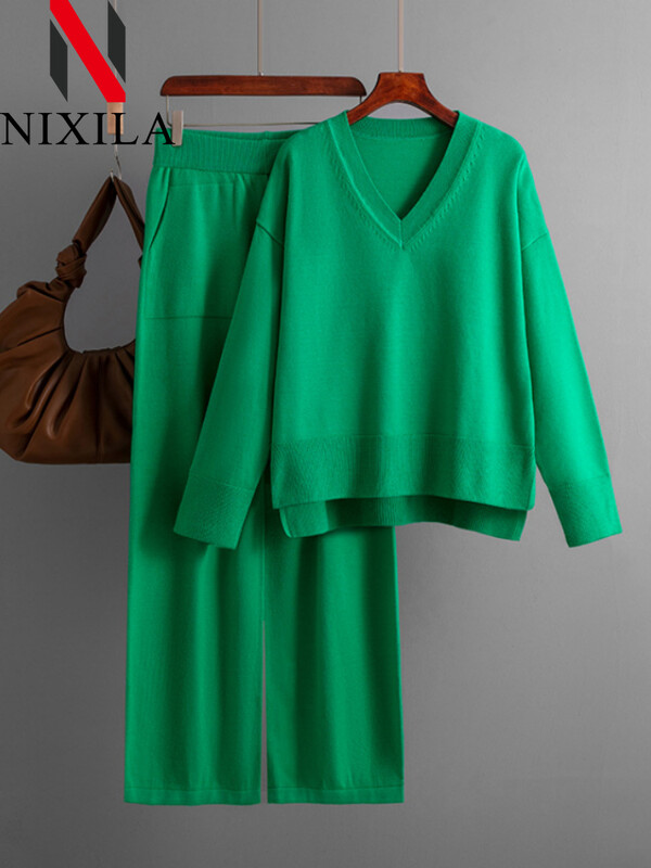 Uus talvine sügiskampsun 2-osalised komplektid Naiste varustus, soe V-kaelusega pullover, sirge sörkimispükste kostüümid, naiste vabaaja dressid
