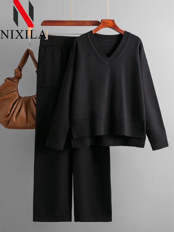 Uus talvine sügiskampsun 2-osalised komplektid Naiste varustus, soe V-kaelusega pullover, sirge sörkimispükste kostüümid, naiste vabaaja dressid