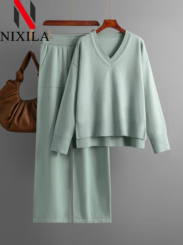 Uus talvine sügiskampsun 2-osalised komplektid Naiste varustus, soe V-kaelusega pullover, sirge sörkimispükste kostüümid, naiste vabaaja dressid