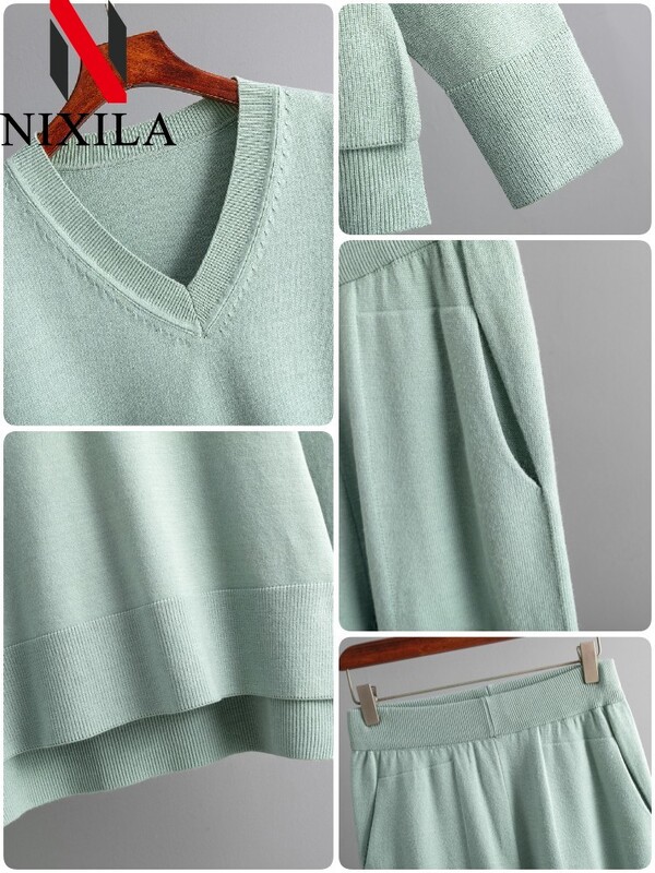 Uus talvine sügiskampsun 2-osalised komplektid Naiste varustus, soe V-kaelusega pullover, sirge sörkimispükste kostüümid, naiste vabaaja dressid