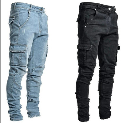 Bărbați, blugi elastici din denim de stradă, spălare, culoare uni, cu mai multe buzunare, pantaloni cargo, ocazional, slim fit, îmbrăcăminte zilnică, pantaloni de jogging, pantaloni cu talie mijlocie