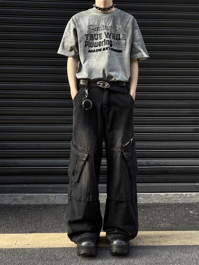 Pavasara hiphopa vīriešu un sieviešu modernas, taisnas kājas, personalizēti vairāku kabatu darba apģērba džinsi pāriem brīvas, platas ikdienas bikses