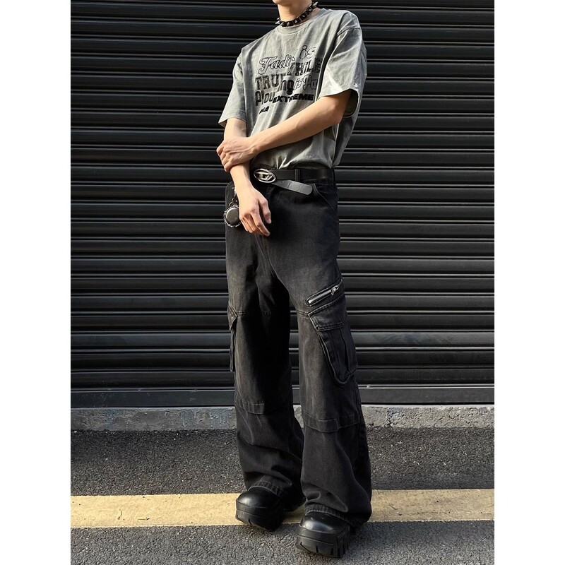 Pavasara hiphopa vīriešu un sieviešu modernas, taisnas kājas, personalizēti vairāku kabatu darba apģērba džinsi pāriem brīvas, platas ikdienas bikses