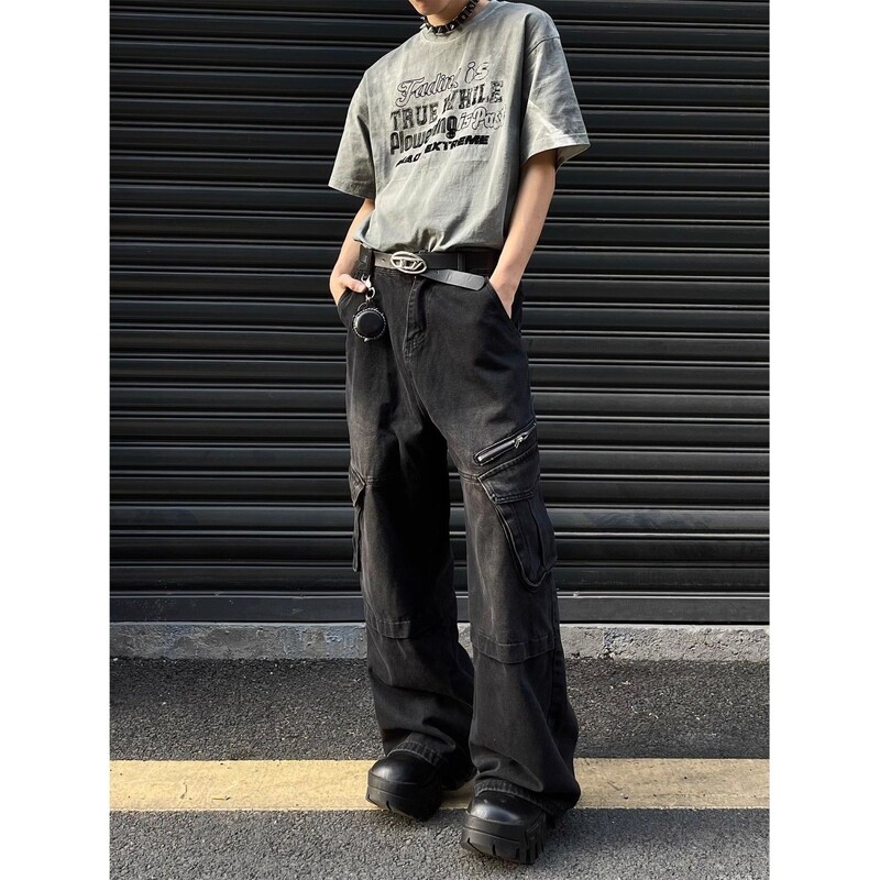 Pavasara hiphopa vīriešu un sieviešu modernas, taisnas kājas, personalizēti vairāku kabatu darba apģērba džinsi pāriem brīvas, platas ikdienas bikses