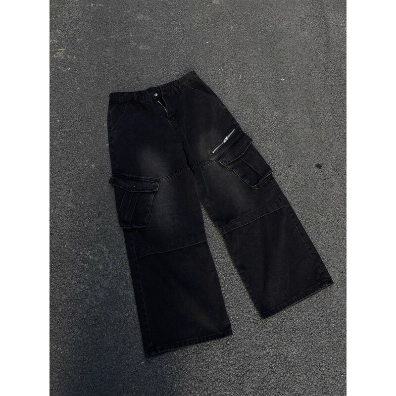 Pavasara hiphopa vīriešu un sieviešu modernas, taisnas kājas, personalizēti vairāku kabatu darba apģērba džinsi pāriem brīvas, platas ikdienas bikses