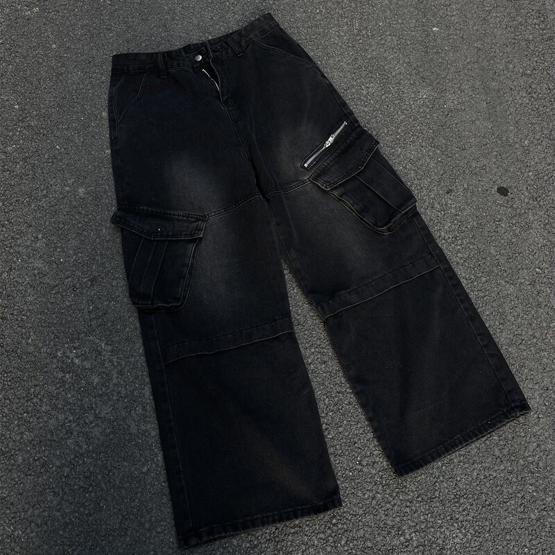 Pavasara hiphopa vīriešu un sieviešu modernas, taisnas kājas, personalizēti vairāku kabatu darba apģērba džinsi pāriem brīvas, platas ikdienas bikses