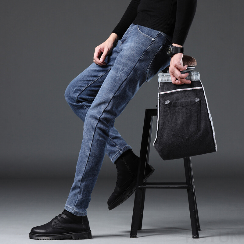 Meeste talveteksad Soojemad paksud teksad fliisiga vabaaja teksapüksid Sinised õhukesed kitsad püksid meestele Kauboid meeste rõivad