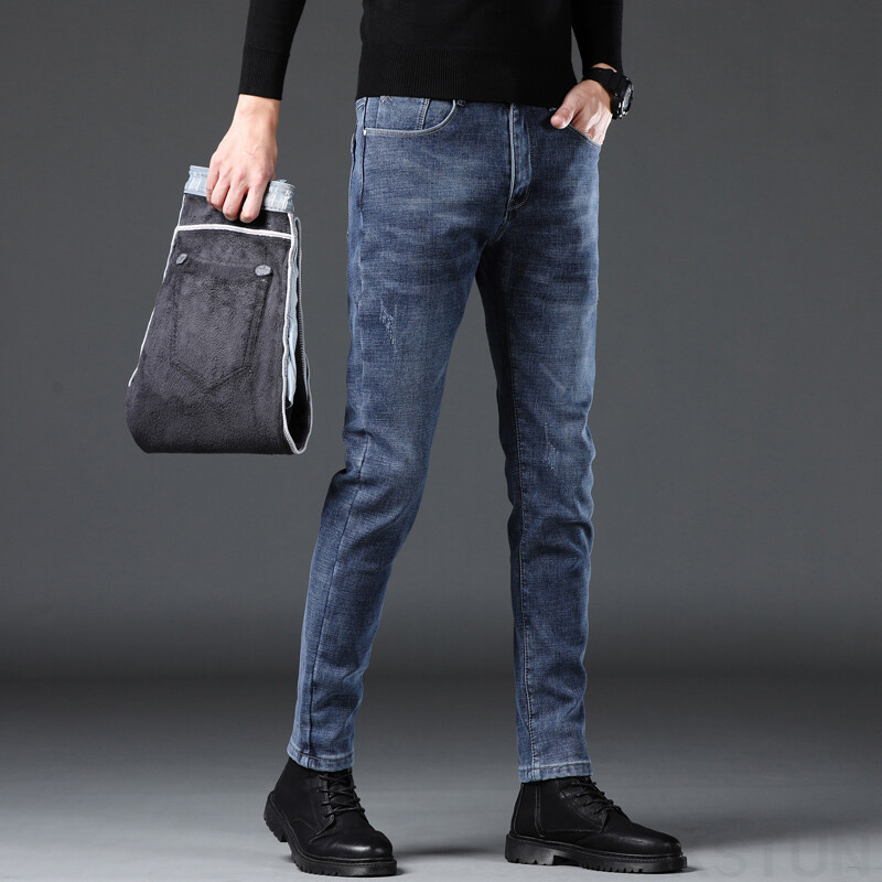 Meeste talveteksad Soojemad paksud teksad fliisiga vabaaja teksapüksid Sinised õhukesed kitsad püksid meestele Kauboid meeste rõivad